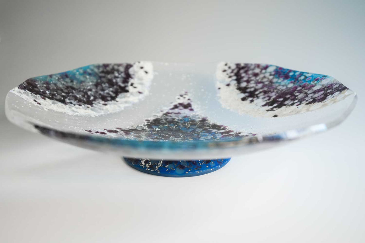 A beautiful purple, blue and clear serving pedestal bowl.