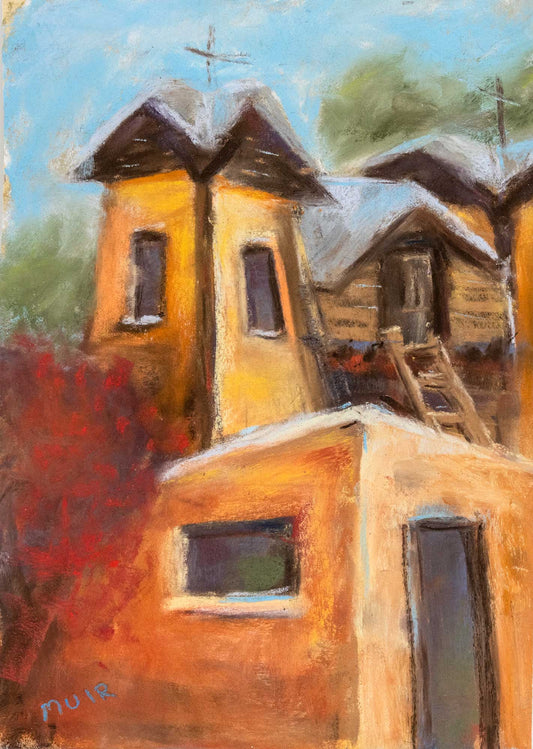 A pastel painting of an off-kilter old church in Chamayo Pueblo, New Mexico.  Dominate colors are orange and blue.