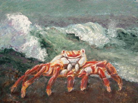 A pastel painting of a Sally-Lightfoot crab placed in front of a crashing wave. Dominate colors are sage and orange.
